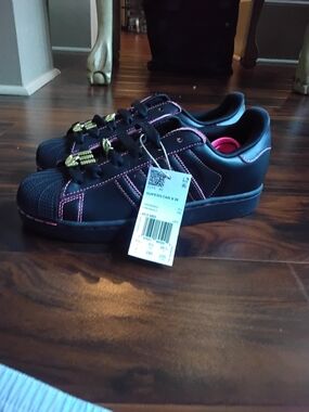 Adidas Kids' Superstar Black Sneaker with Pink Stitching